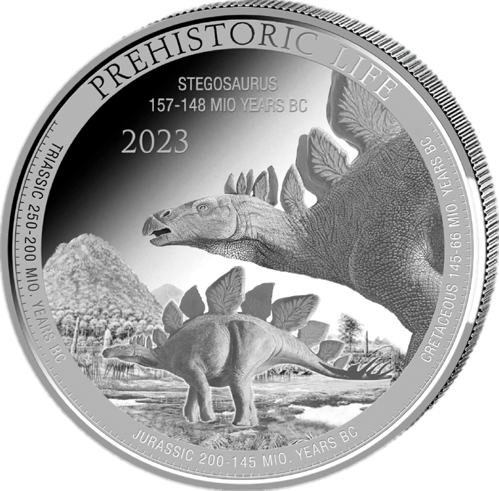 Stegosaurus on 1 ounce of silver, reverse, image