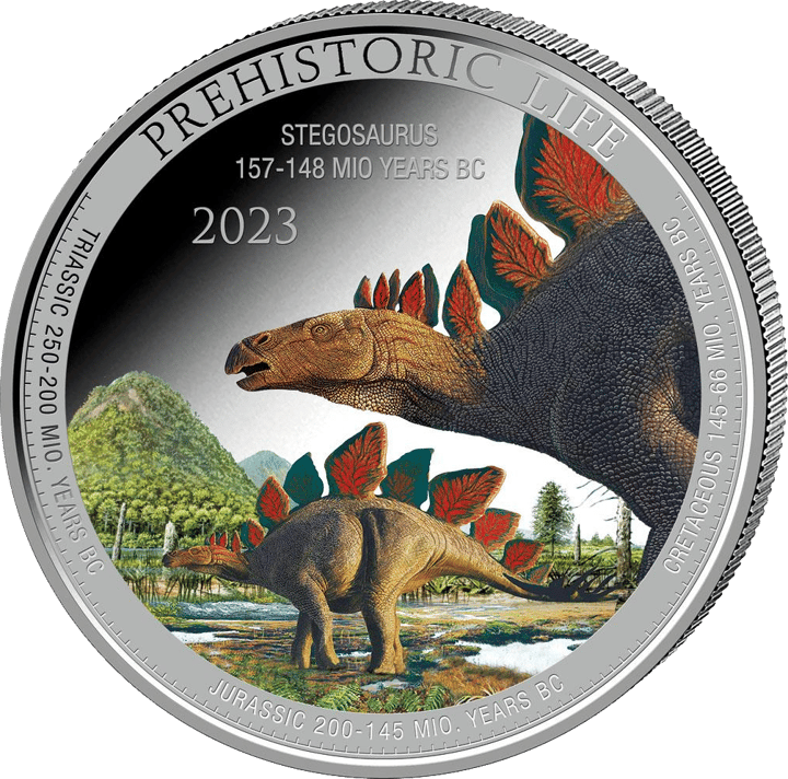 Stegosaurus auf 1 Unze Silber, Bildseite, Abbildung