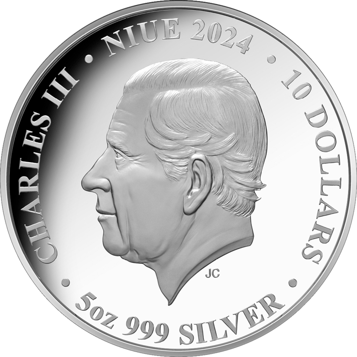 5 ounces of silver, obverse with issuing country Niue, image