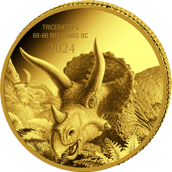 Triceratops auf 0,5 g Gold, Bildseite, Abbildung