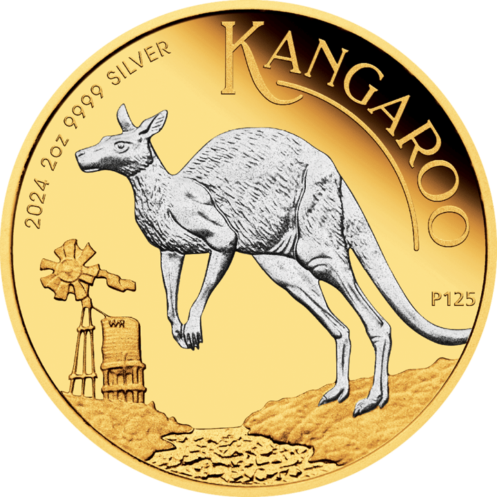 Abbildung der Känguruseite: ein Känguru in Silber im Sprung, Windrad und Wassertank in Gold, rechts P125