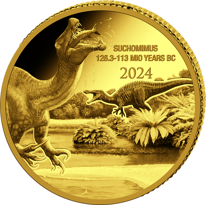 Suchomimus auf 0,5 g Gold, Bildseite, Abbildung
