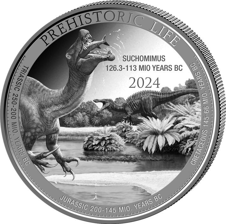 Suchomimus en 1 onza de plata, reverso, imagen