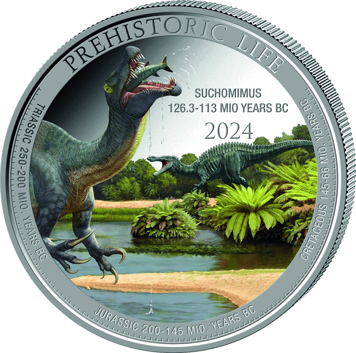 Suchomimus on 1 ounce of silver, reverse, image