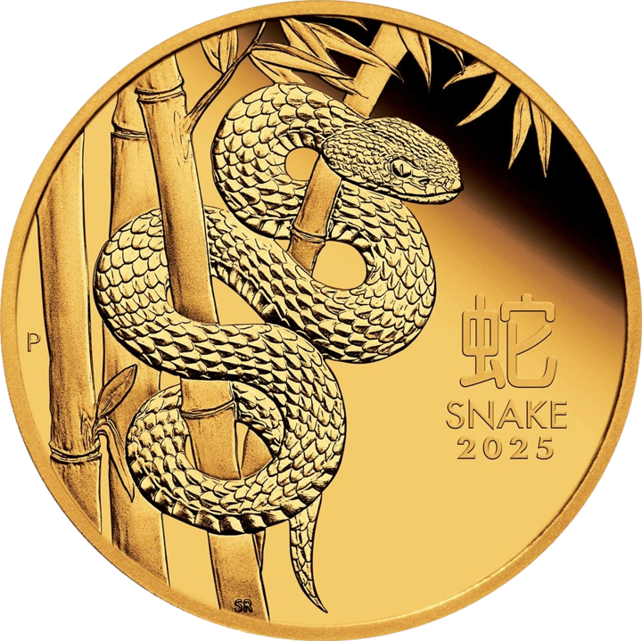 Abbildung der Tierseite: eine Schlange, eingerollt um Bambusstämme, rechts das Zeichen 蛇 und SNAKE 2025, links ein P