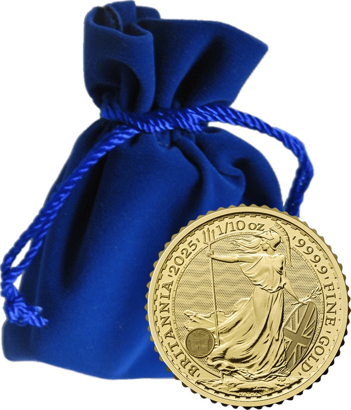 Blauer Samtbeutel, davor eine Britannia in Gold