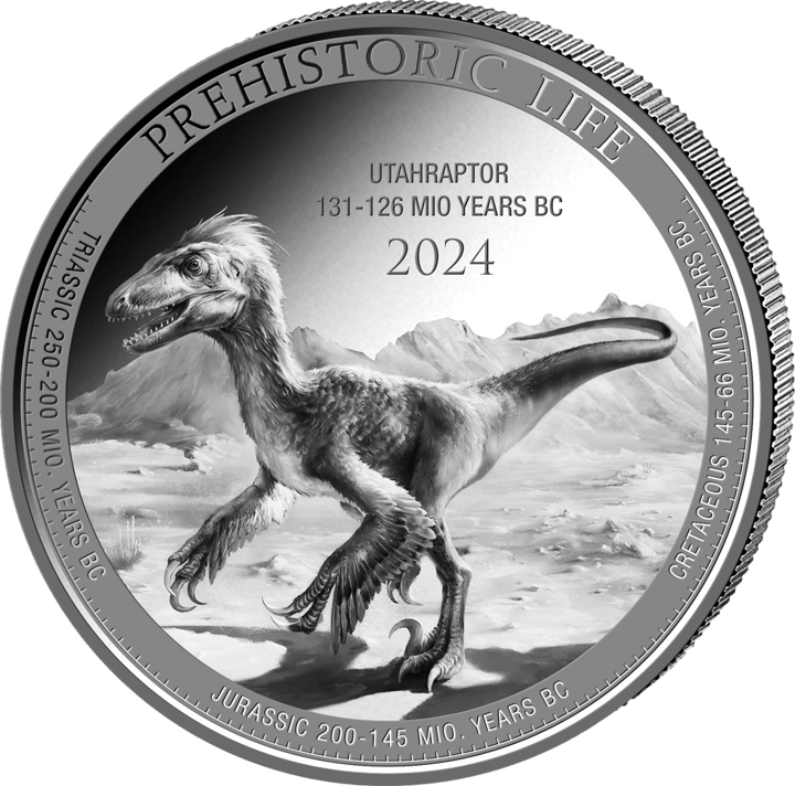 Utahraptor on 1 ounce of silver, reverse, image