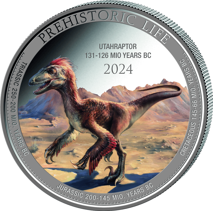 Utahraptor auf 1 Unze Silber, Bildseite, Abbildung