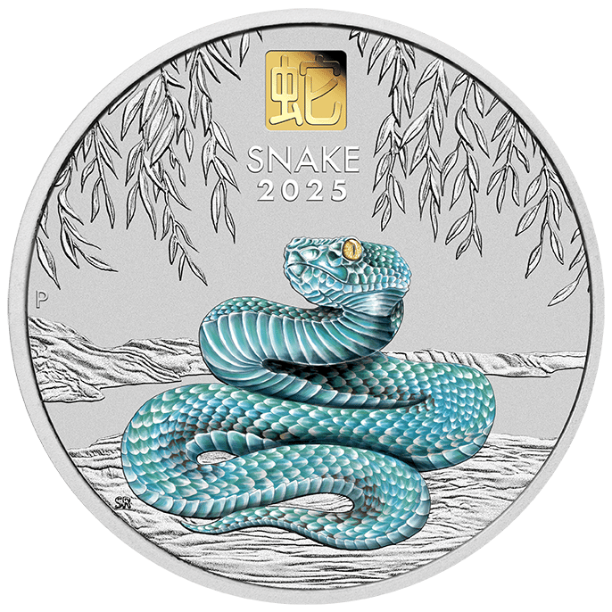 Imagen de la cara del animal: una serpiente en color, enroscada en el suelo bajo hojas colgantes, arriba un inserto dorado con el carácter 蛇, debajo SNAKE 2025