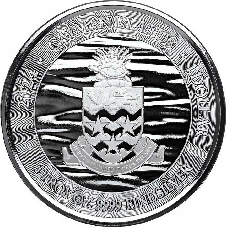 1 onza de plata, anverso con el país emisor Islas Caimán, imagen