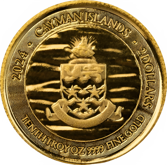 1/10 onza de oro, anverso con el país emisor Islas Caimán, imagen