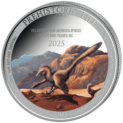Velociraptor auf 1 Unze Silber, Bildseite, Abbildung