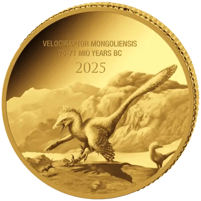 Velociraptor on 0.5 g of gold, reverse, image