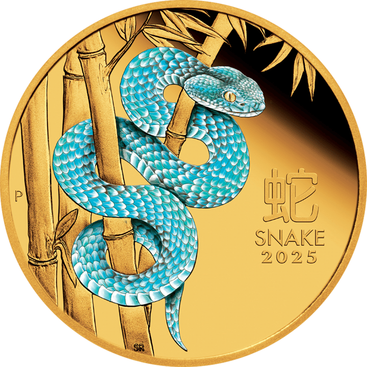 Abbildung der Tierseite: eine farbige Schlange, eingerollt um Bambusstämme, rechts das Zeichen 蛇 und SNAKE 2025, links ein P