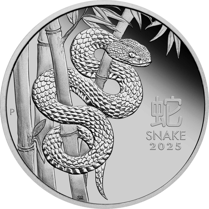 Imagen de la cara del animal: una serpiente, enroscada en tallos de bambú, a la derecha el carácter 蛇 y SNAKE 2025, a la izquierda una P