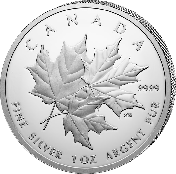 Seite mit den Blättern: drei einzelne, sich überlappende Ahornblätter, oben CANADA, rechts 9999 und das Kürzel SW, unten Metall und Gewicht in Englisch und Französisch