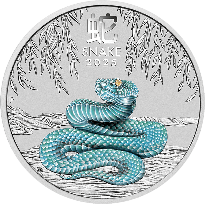 Abbildung der Tierseite: eine farbige Schlange, eingerollt am Boden unter hängenden Blättern, oben das Zeichen 蛇 und SNAKE 2025, links ein P