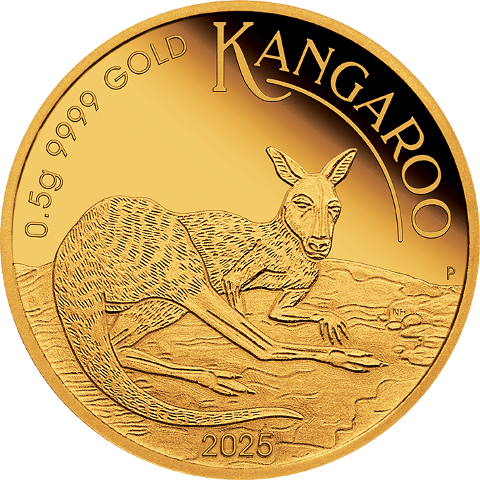 Abbildung der Känguruseite: ein liegendes Känguru mit erhobenem Kopf vor einer Horizontlinie, oben KANGAROO, unten 2025, am Rand 0.5g 9999 GOLD