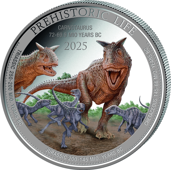 Carnotaurus auf 1 Unze Silber, Bildseite, Abbildung