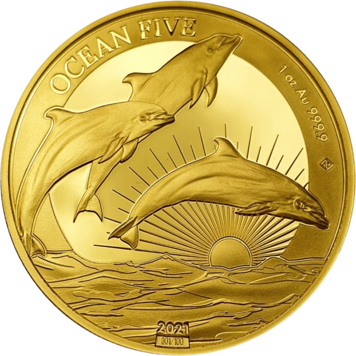 Delfin auf 1 Unze Gold, Bildseite, Abbildung