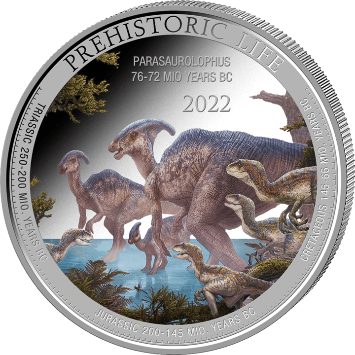 Parasaurolophus auf 1 Unze Silber, Bildseite, Abbildung