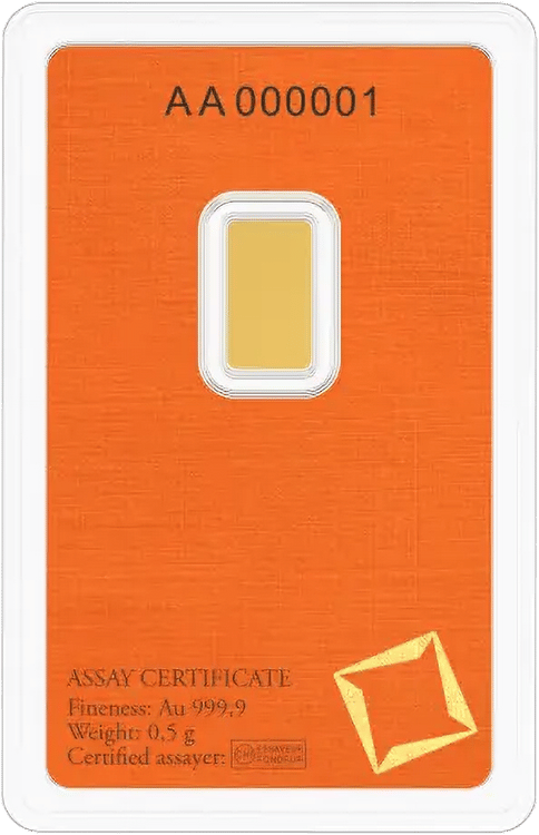 Rückseite der Karte mit der Seriennummer oben und ASSAY CERTIFICATE unten