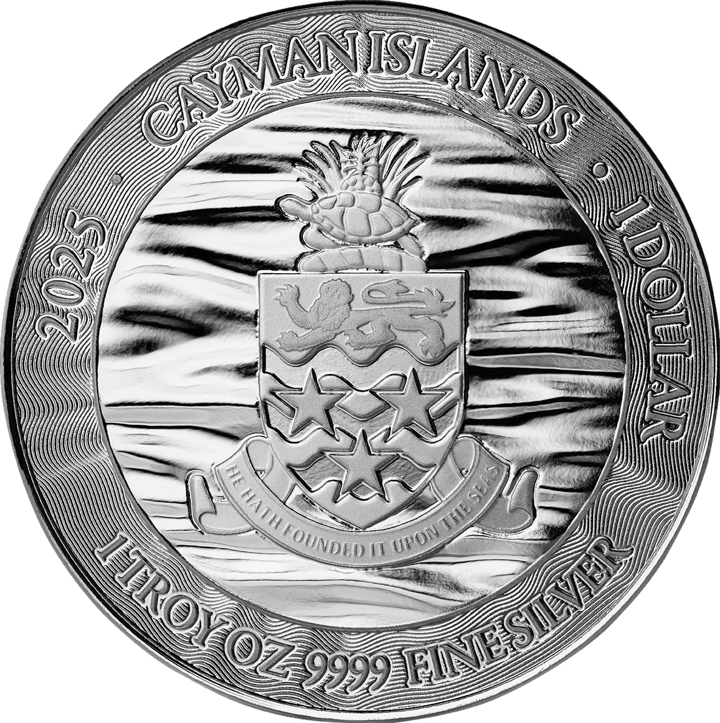 1 Unze Silber, Wertseite mit Ausgabeland Cayman Islands, Abbildung