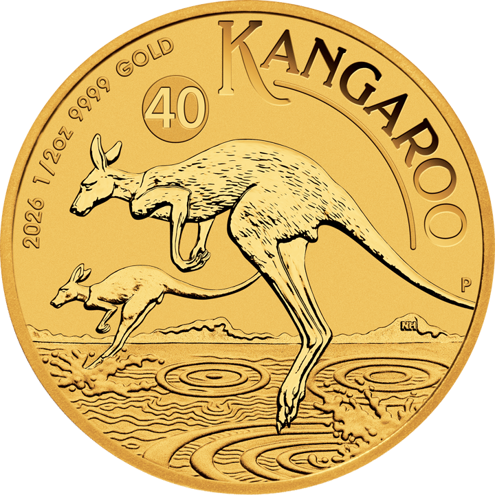 Imagen de la cara del canguro: dos canguros saltan hacia la izquierda por el agua con ondas, a lo lejos colinas, arriba KANGAROO y un 40, en el borde año, peso y ley, a la derecha una P