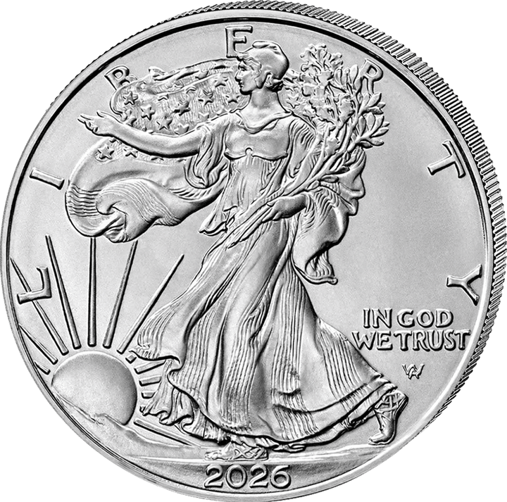 Obverse: Walking Liberty as a full-length figure, enveloped in a flag, her right hand extended, branches in her left arm, the sun at the lower left, LIBERTY along the edge