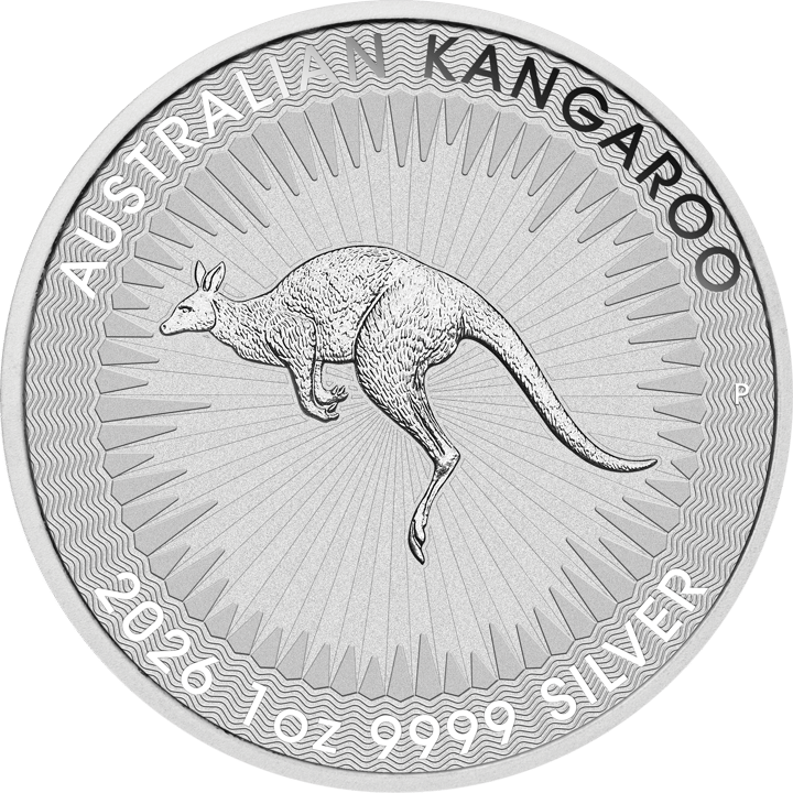 Abbildung der Känguruseite: ein springendes Känguru vor einem Kranz aus Sonnenstrahlen, Umschrift AUSTRALIAN KANGAROO, unten 2026 1oz 9999 SILVER