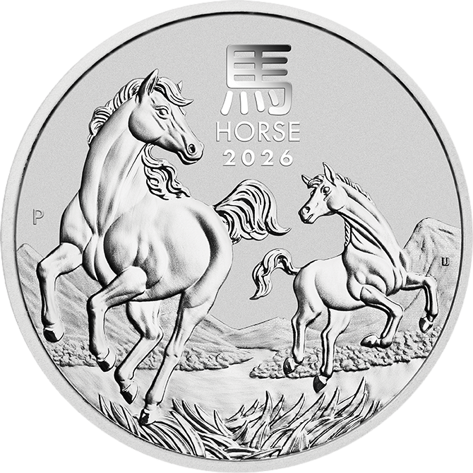 Abbildung der Tierseite: eine Stute mit Fohlen im Galopp vor Bergen, oben das Zeichen 馬 und HORSE 2026, links ein P
