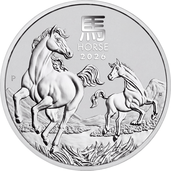 Abbildung der Tierseite: eine Stute mit Fohlen im Galopp vor Bergen, oben das Zeichen 馬 und HORSE 2026, links ein P