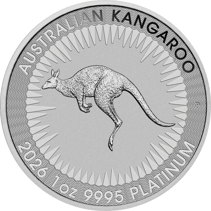 Abbildung der Känguruseite: ein springendes Känguru vor einem Kranz aus Sonnenstrahlen, Umschrift AUSTRALIAN KANGAROO, unten 2026 1oz 9995 PLATINUM