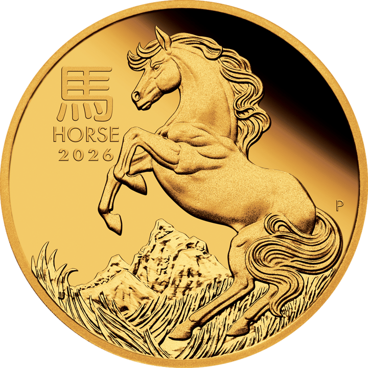 Image of the animal side: a rearing horse against mountains and grassland, at the top left the character 馬 and HORSE 2026, on the right a P