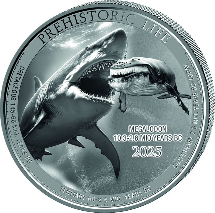 Megalodón en 1 onza de plata, reverso, imagen
