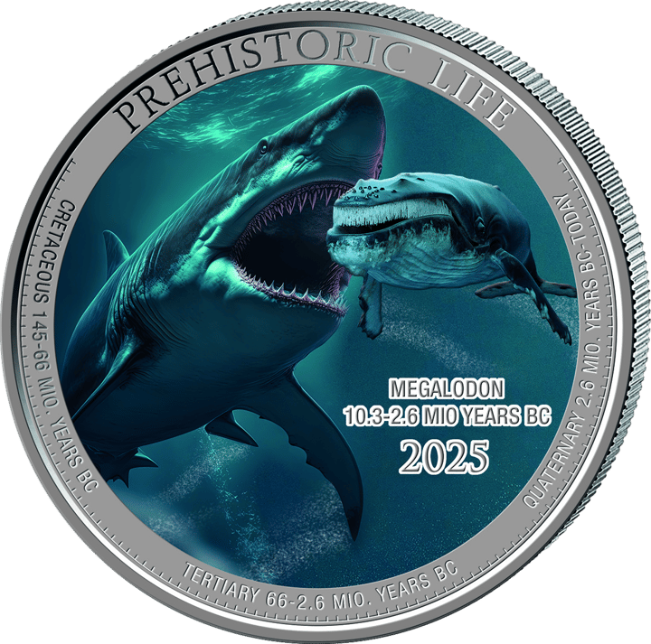Megalodón en 1 onza de plata, reverso, imagen