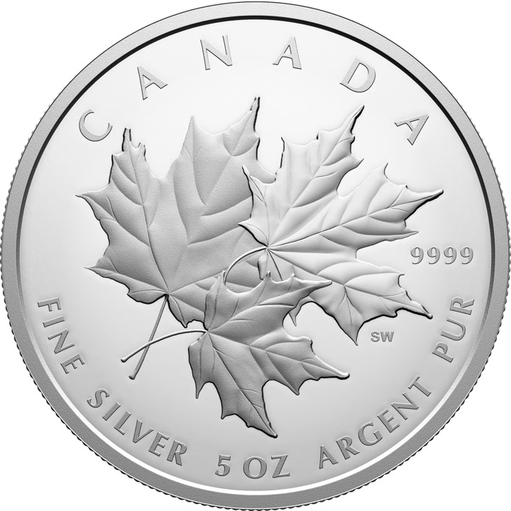 Cara con las hojas: tres hojas de arce sueltas que se superponen, arriba CANADA, a la derecha 9999 y las iniciales SW, abajo el metal y el peso en inglés y en francés