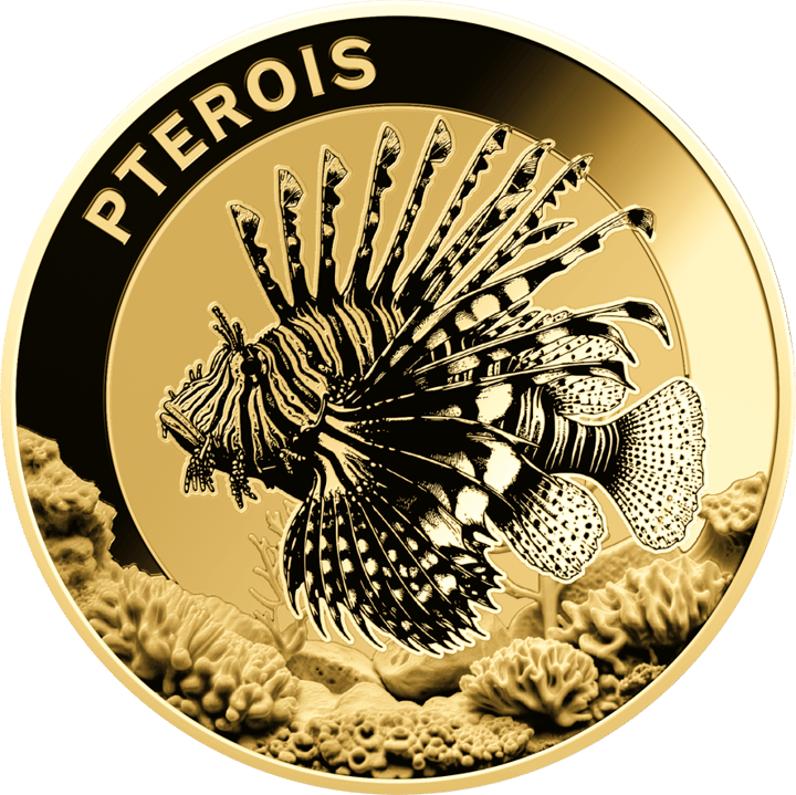 Rotfeuerfisch auf 1/1.000 Unze Gold, Bildseite, Abbildung