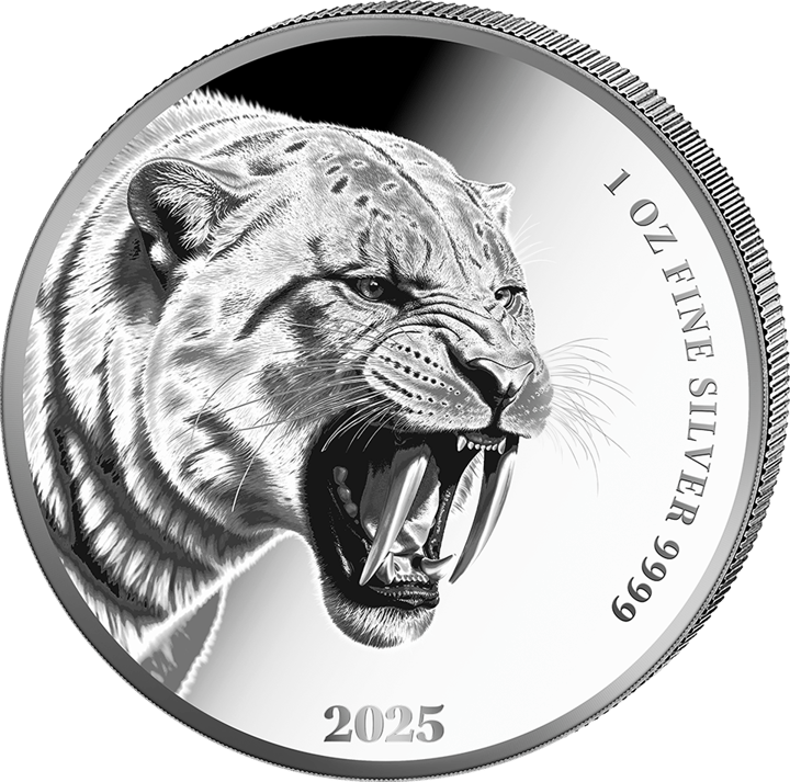 Felino dientes de sable en 1 onza de plata, reverso, imagen