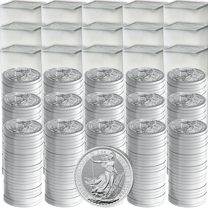 Tubos y pilas de monedas de plata, delante una Britannia suelta