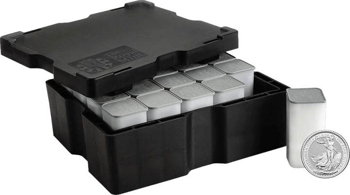 Geöffnete schwarze Box mit Münztuben, daneben eine einzelne Tube und eine Silbermünze