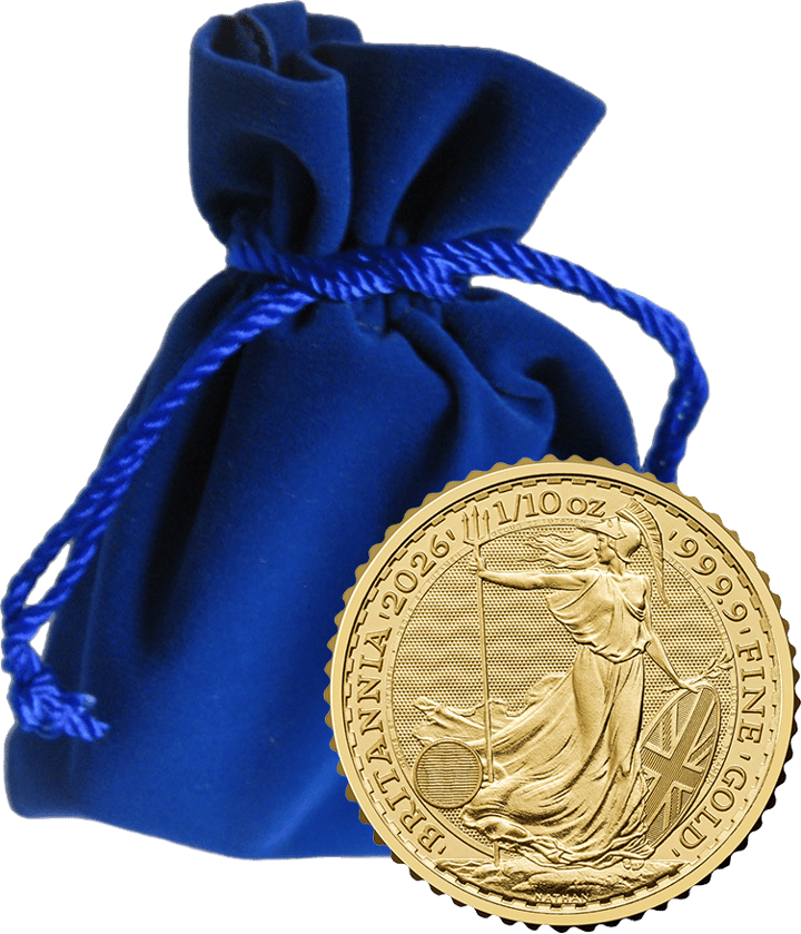Blauer Samtbeutel, davor eine Britannia in Gold