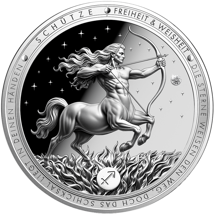 Imagen del producto, reverso: un centauro con el arco tensado sobre llamas, en el campo de estrellas un diamante