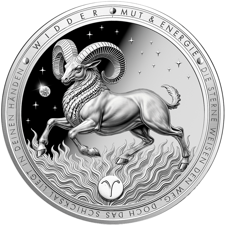 Imagen del producto, reverso: un carnero saltando con cuernos enroscados, bajo él llamas, en el campo de estrellas un diamante