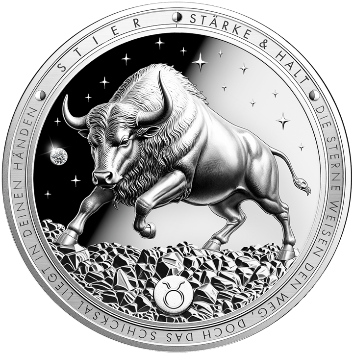 Imagen del producto, reverso: un toro embistiendo sobre rocas angulosas, en el campo de estrellas un diamante