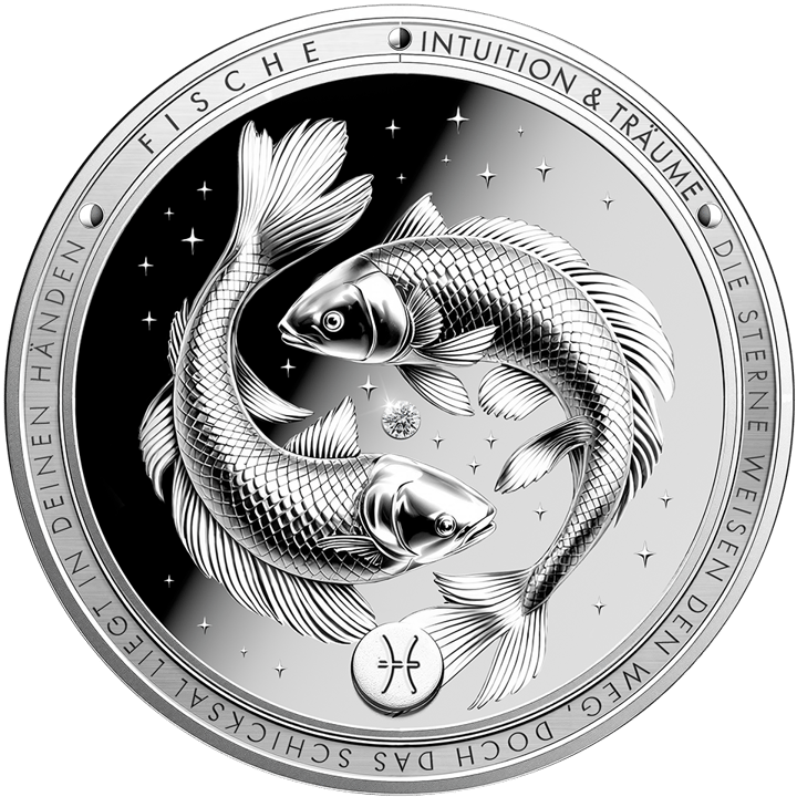 Imagen del producto, reverso: dos peces que se siguen en círculo, en el campo de estrellas un diamante