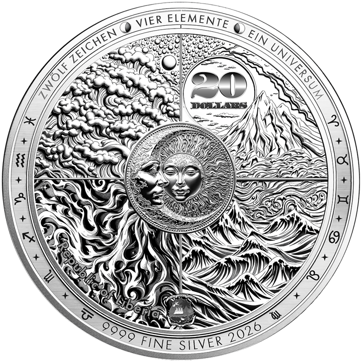 Imagen del producto, anverso: en el centro el sol y una luna creciente, a su alrededor nubes, una montaña, llamas y olas, arriba a la derecha 20 DOLLARS, abajo el escudo de Liberia
