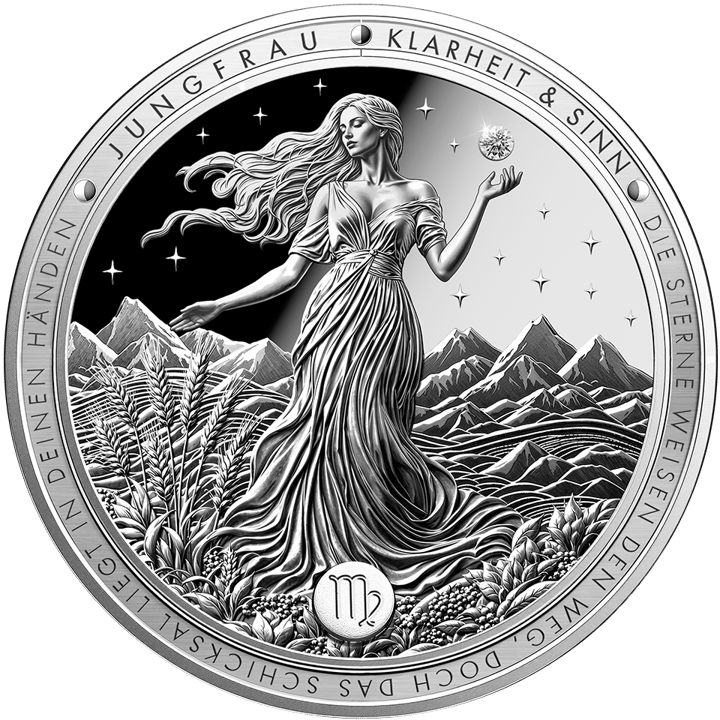 Product image of the reverse: a woman in a long robe with flowing hair before mountains, ears of grain in front, a diamond in the field of stars