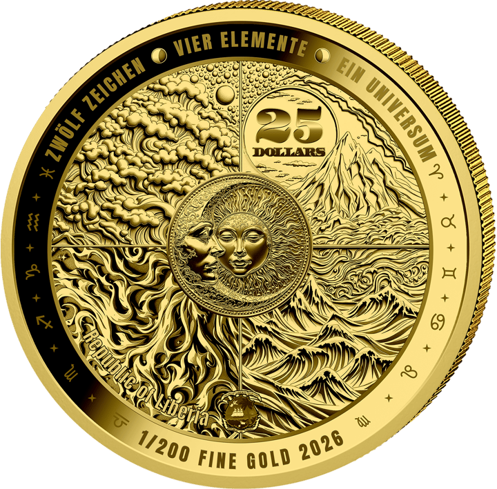 Product image of the obverse: in the centre the sun and a crescent moon, around them clouds, a mountain, flames and waves, top right 25 DOLLARS, below the coat of arms of Liberia