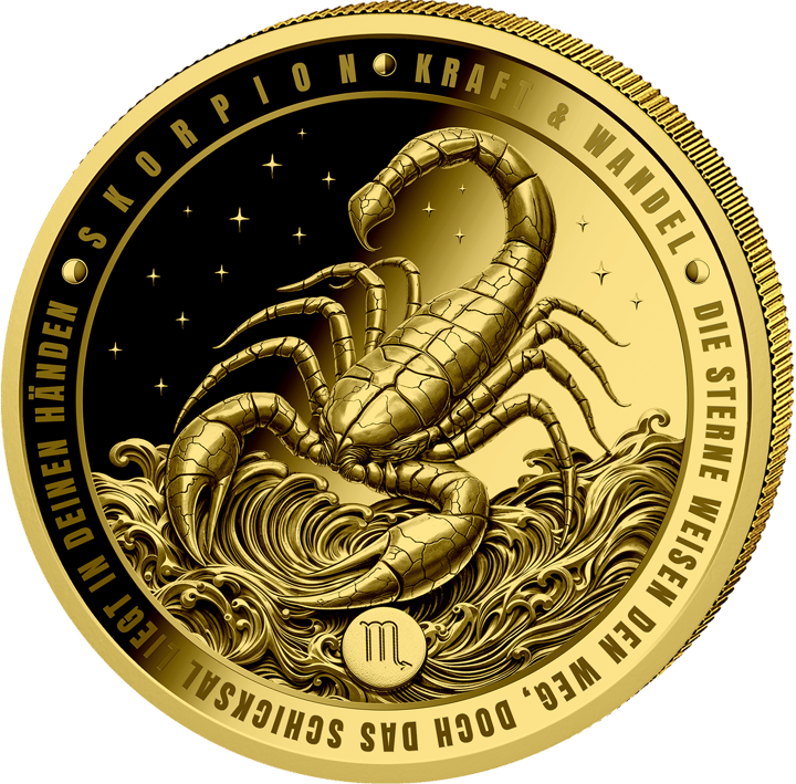 Product image of the reverse: a scorpion with its sting raised, above waves